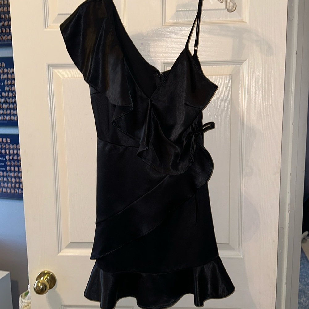 Black silk ruffle mini dress